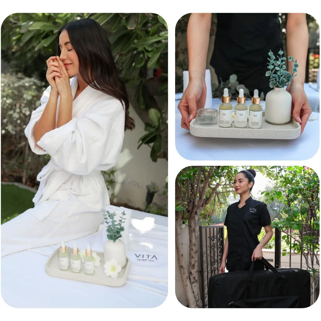 Vita Home Spa therapist with a client in a robe, spa oils on a tray, and a therapist arriving with a massage bed